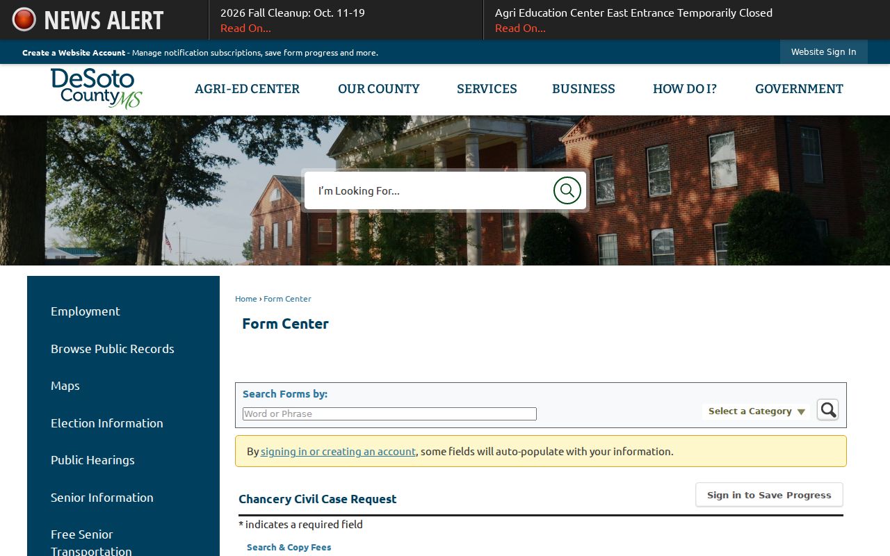 DeSoto County civil docket Chancery case request form