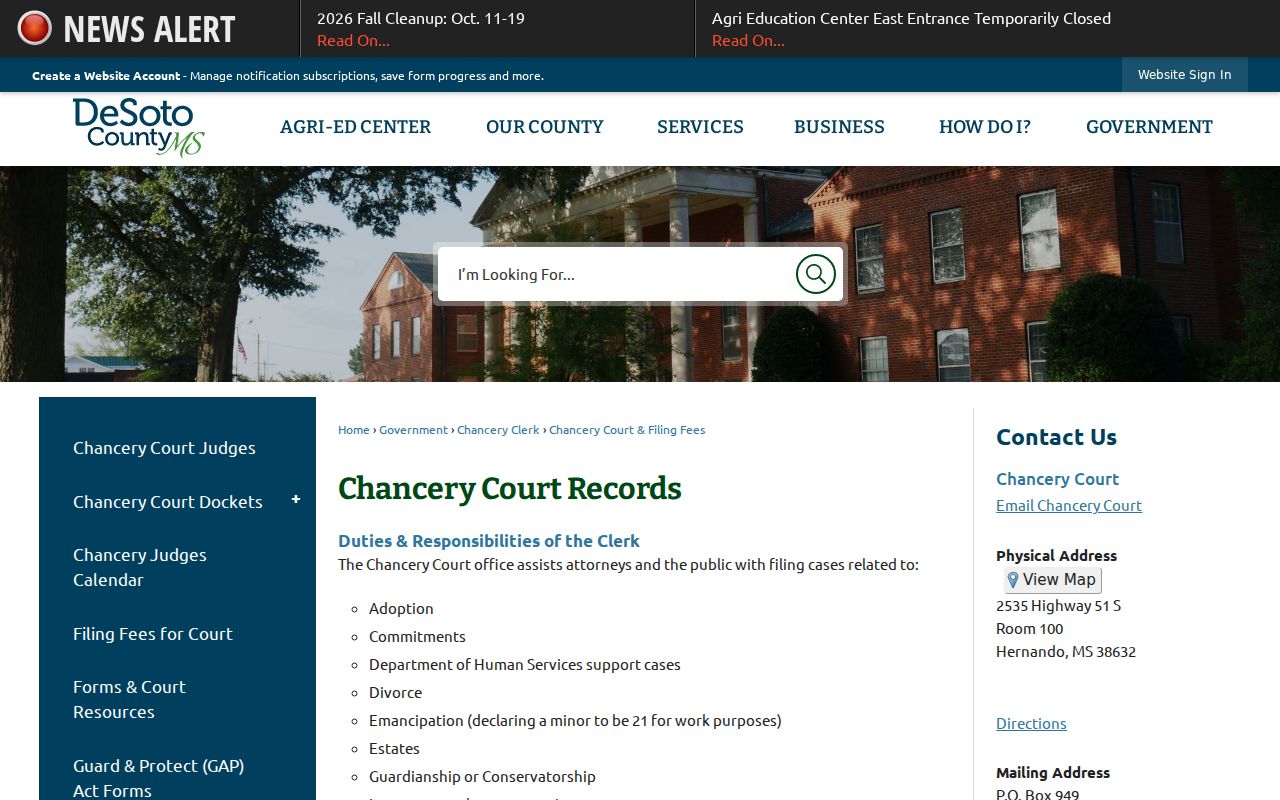 DeSoto County civil docket Chancery filing fees