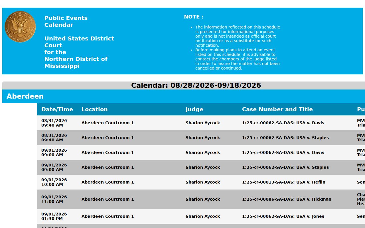 DeSoto County court calendar reference to Oxford CM ECF calendar