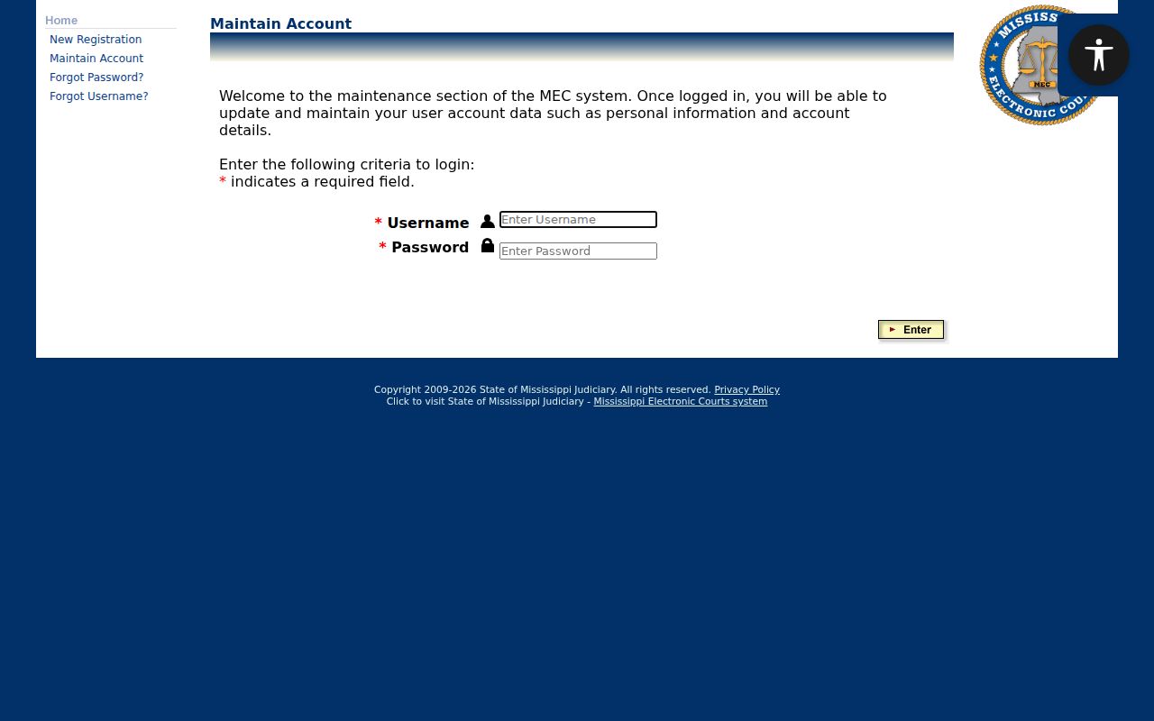 DeSoto County criminal docket MEC login screen