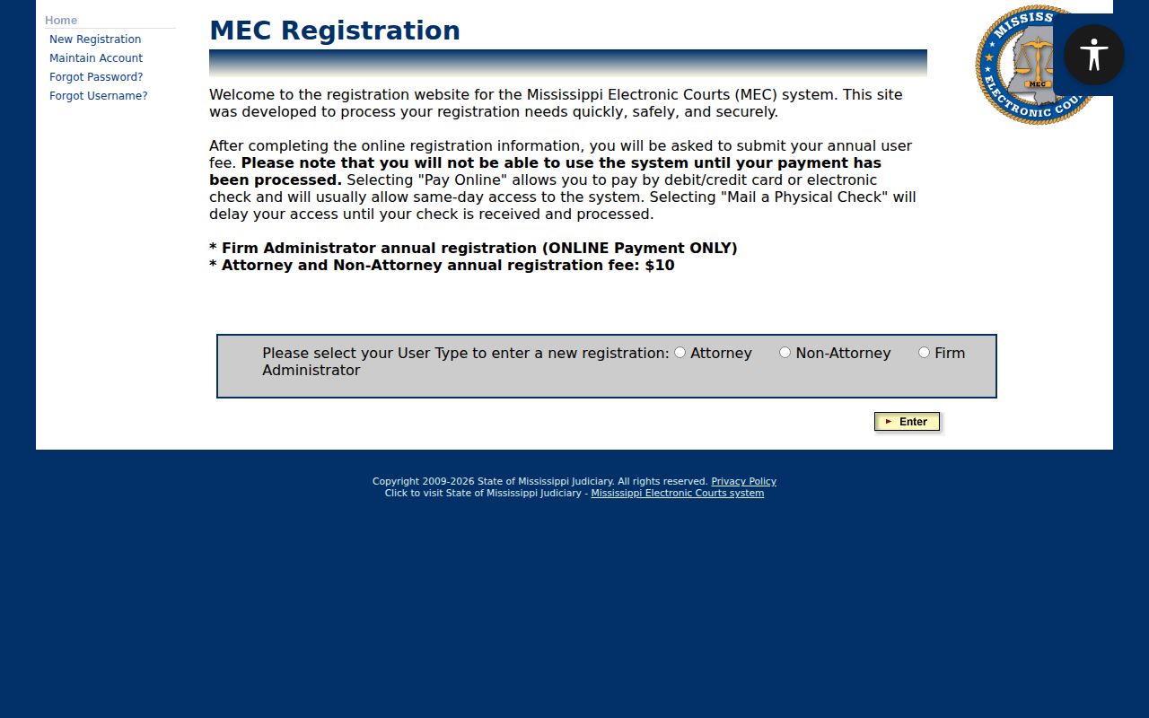 DeSoto County criminal docket MEC registration screen