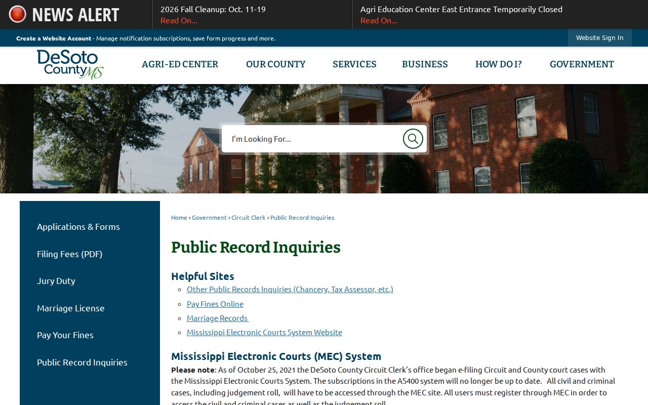 DeSoto County criminal docket public record inquiry notice