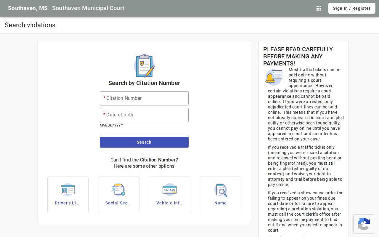 Southaven court docket citation search and payment portal