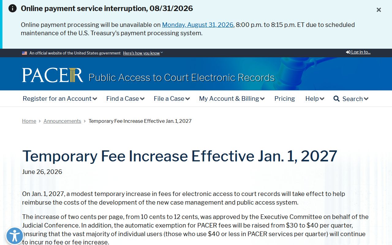 DeSoto County traffic court records reference to PACER fee announcement